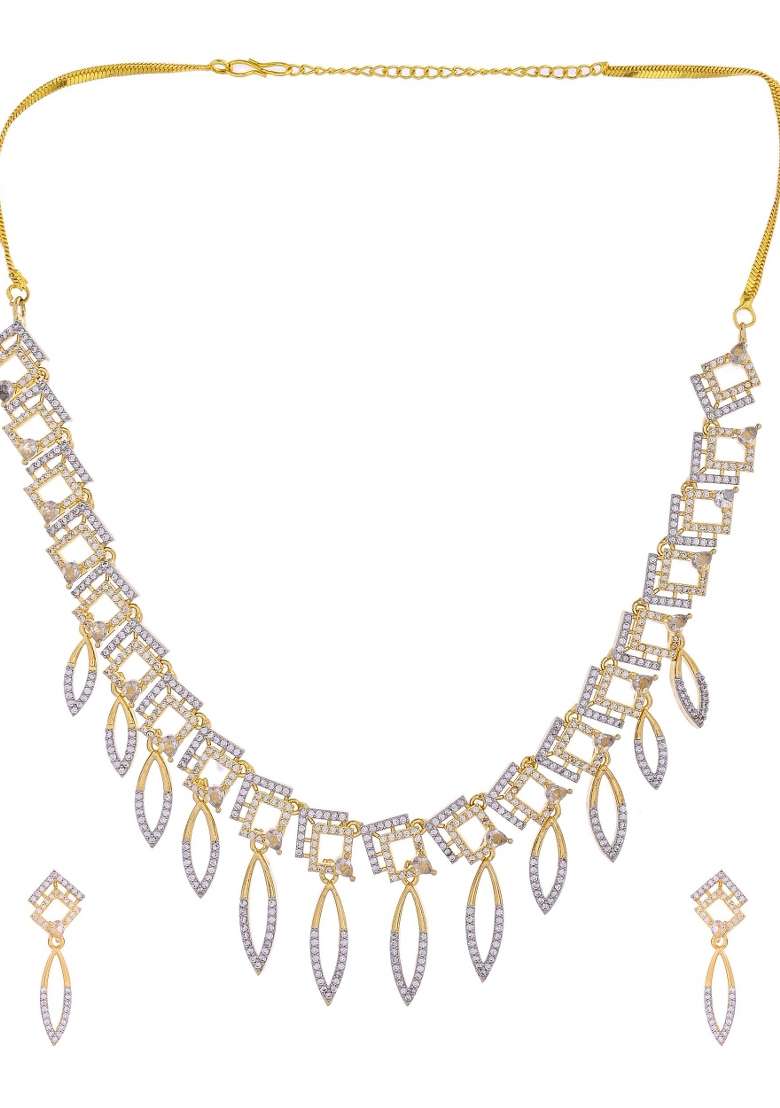 Gold Plated Ad Studded Square And Leaf Shaped Necklace Set - Indya
