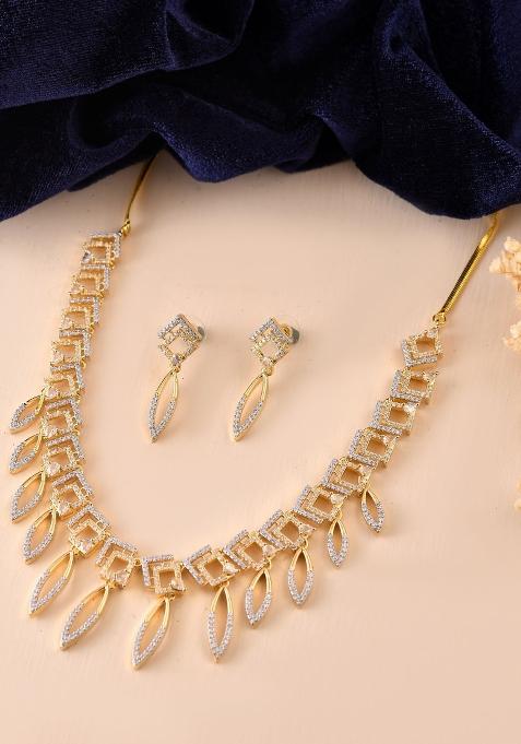 Gold Plated Ad Studded Square And Leaf Shaped Necklace Set