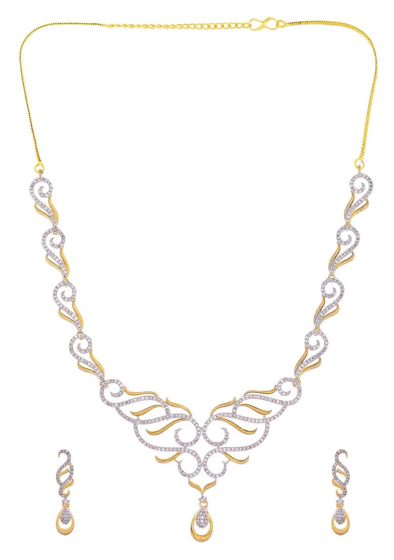 Gold Plated Designer Necklace With Earrings Ad Jewellery Set - Indya