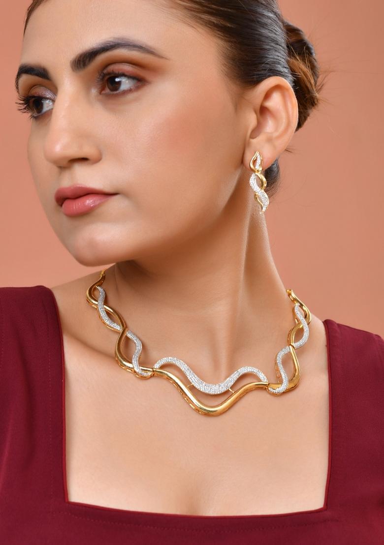 Gold Plated Waved Design Elegent Ad Jewellery Set - Indya