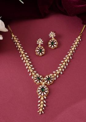 Gold Plated Lead Designed With Green Stone Ad Jewellery Set