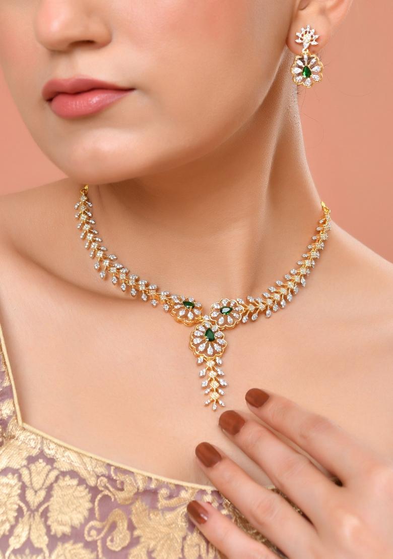 Gold Plated Lead Designed With Green Stone Ad Jewellery Set - Indya