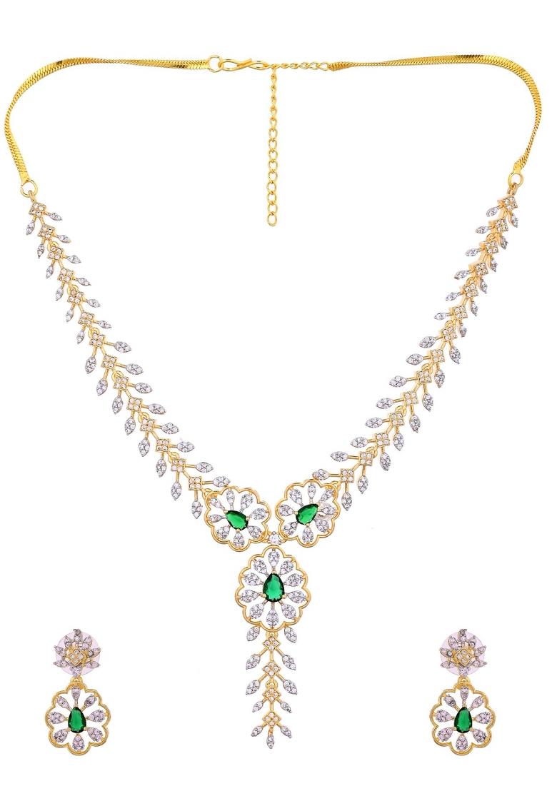 Gold Plated Lead Designed With Green Stone Ad Jewellery Set - Indya