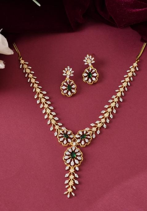 Gold Plated Lead Designed With Green Stone Ad Jewellery Set