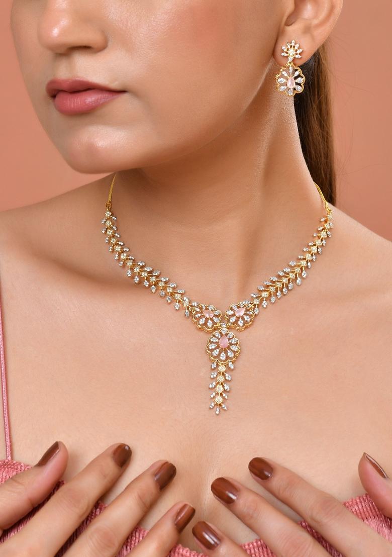 Gold Plated Lead Designed With Baby Pink Stone Ad Jewellery Set - Indya