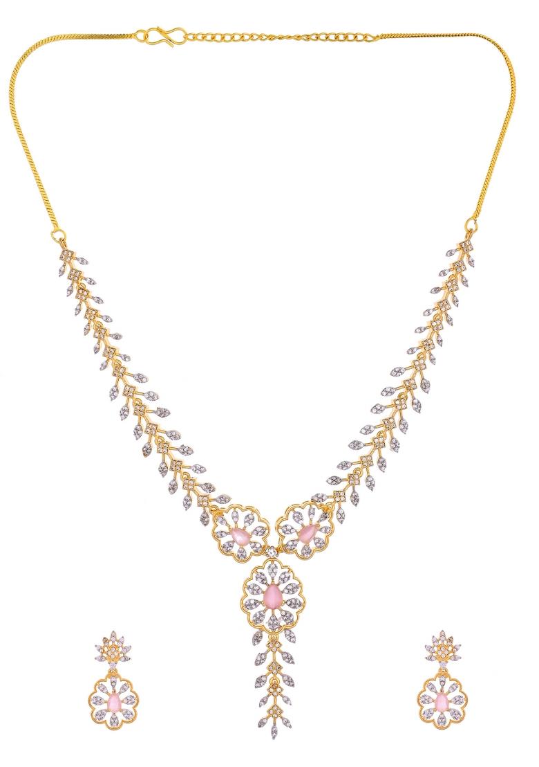 Gold Plated Lead Designed With Baby Pink Stone Ad Jewellery Set - Indya