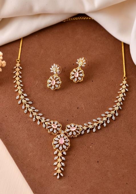 Gold Plated Lead Designed With Baby Pink Stone Ad Jewellery Set