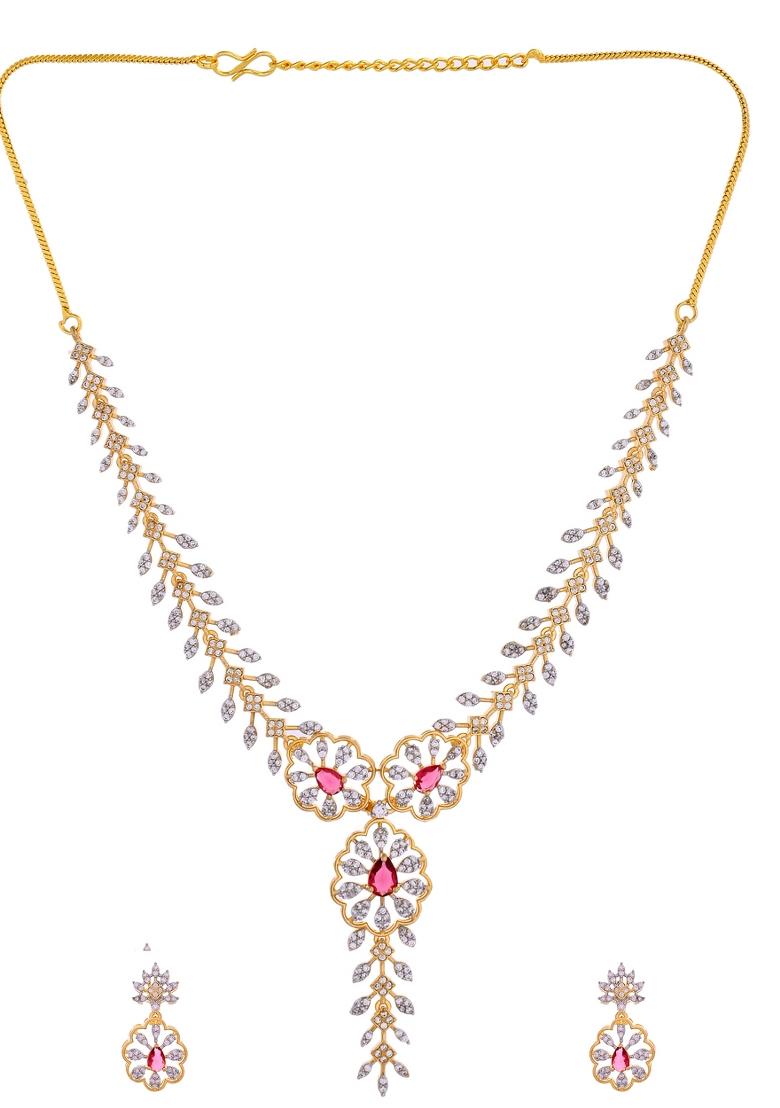 Gold Plated Lead Designed With Ruby Red Stone Ad Jewellery Set - Indya