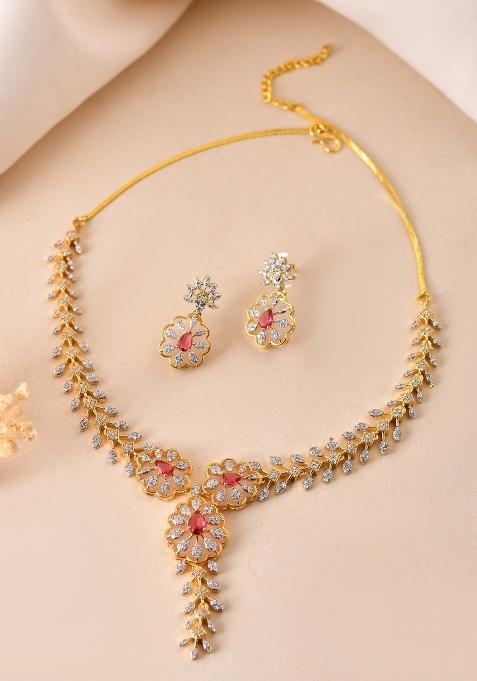 Gold Plated Lead Designed With Ruby Red Stone Ad Jewellery Set