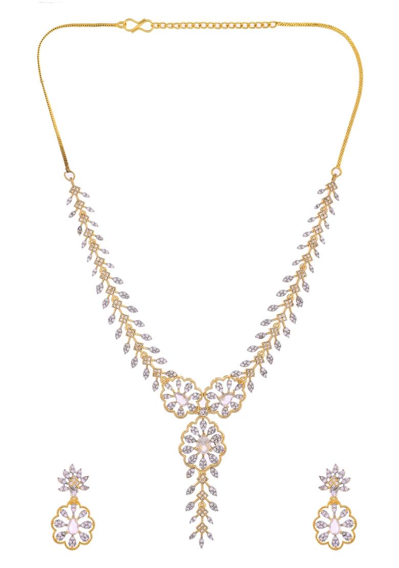 Gold Plated Lead Designed With White Stone Ad Jewellery Set - Indya