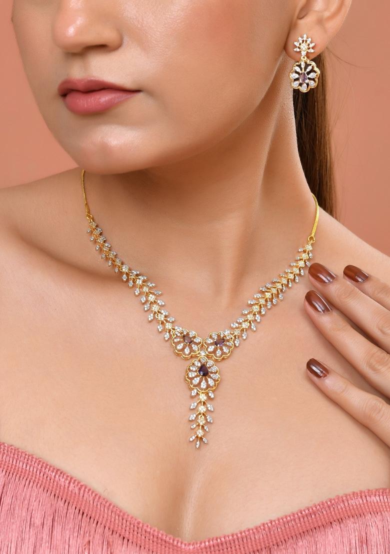 Gold Plated Lead Designed With Purple Stone Ad Jewellery Set - Indya