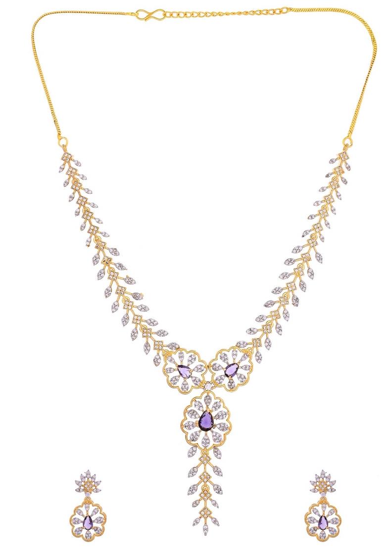Gold Plated Lead Designed With Purple Stone Ad Jewellery Set - Indya