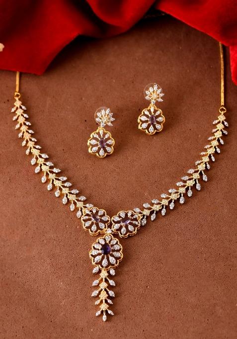 Gold Plated Lead Designed With Purple Stone Ad Jewellery Set
