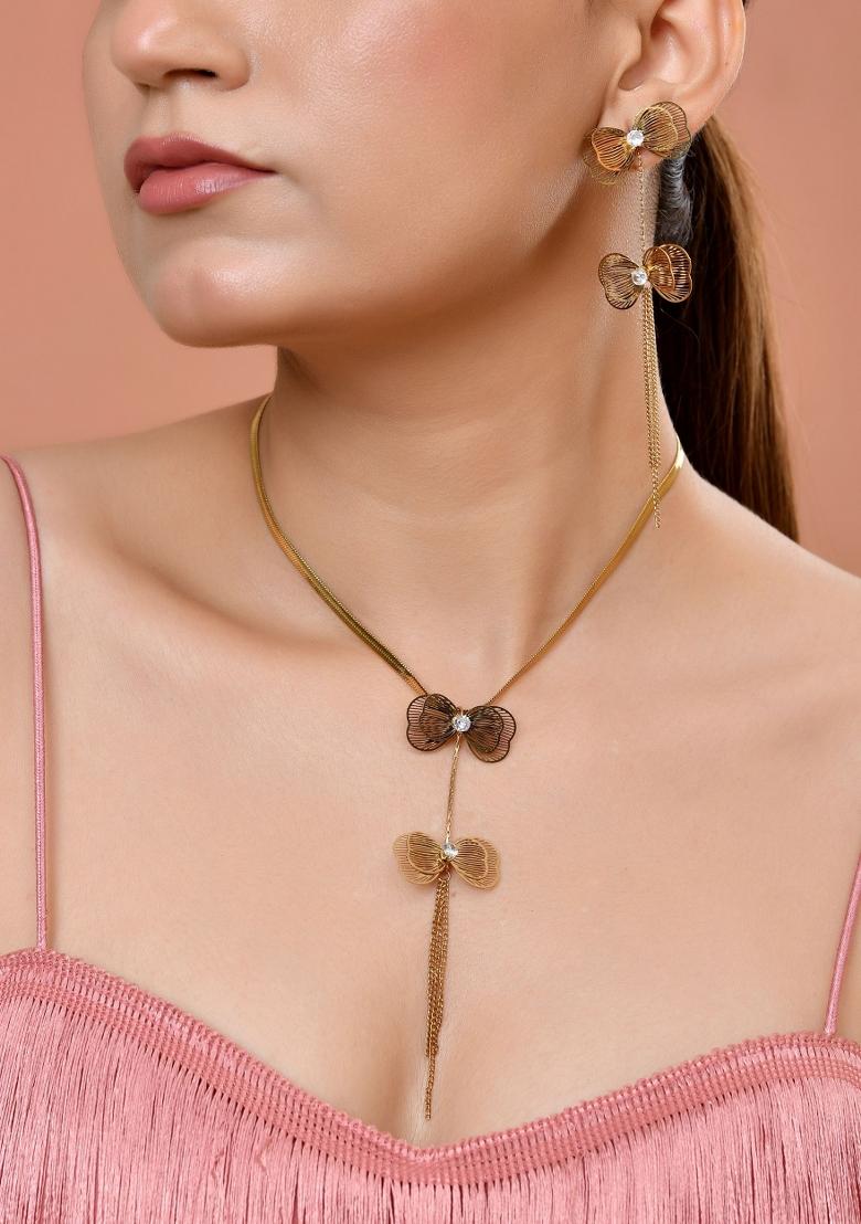 Gold-Toned Butterfly Design Pendant Necklace With Tassel Earrings Set - Indya