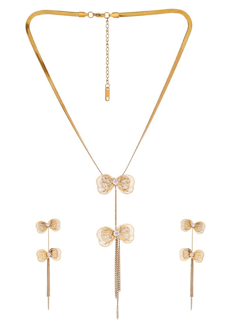 Gold-Toned Butterfly Design Pendant Necklace With Tassel Earrings Set - Indya