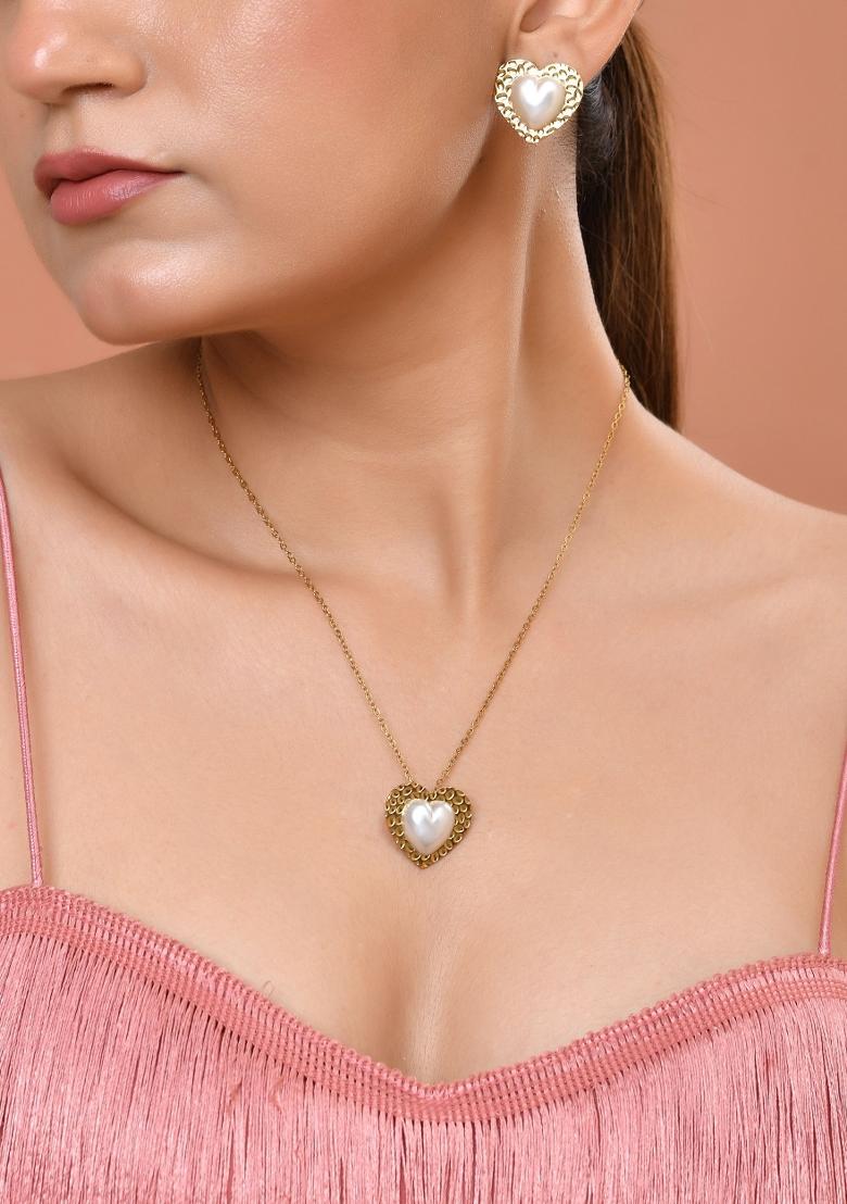 Gold Toned Pearl Studded Heart Shaped Pandent And Earrings With Chain Set - Indya