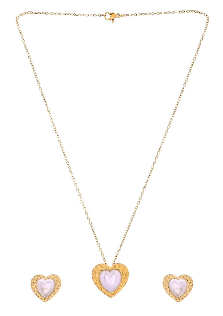 Gold Toned Pearl Studded Heart Shaped Pandent And Earrings With Chain Set - Indya