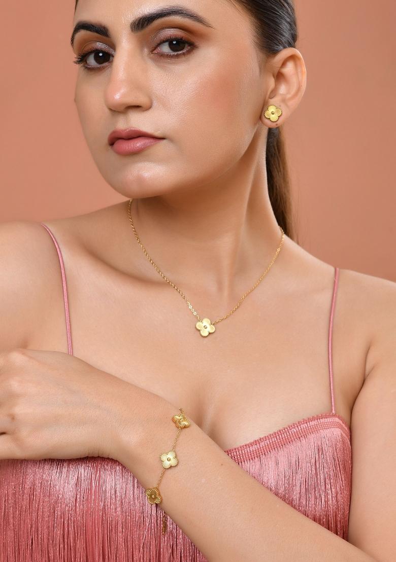 Gold Plated Floral Design Chain With Earrings And Bracelet Set  - Indya