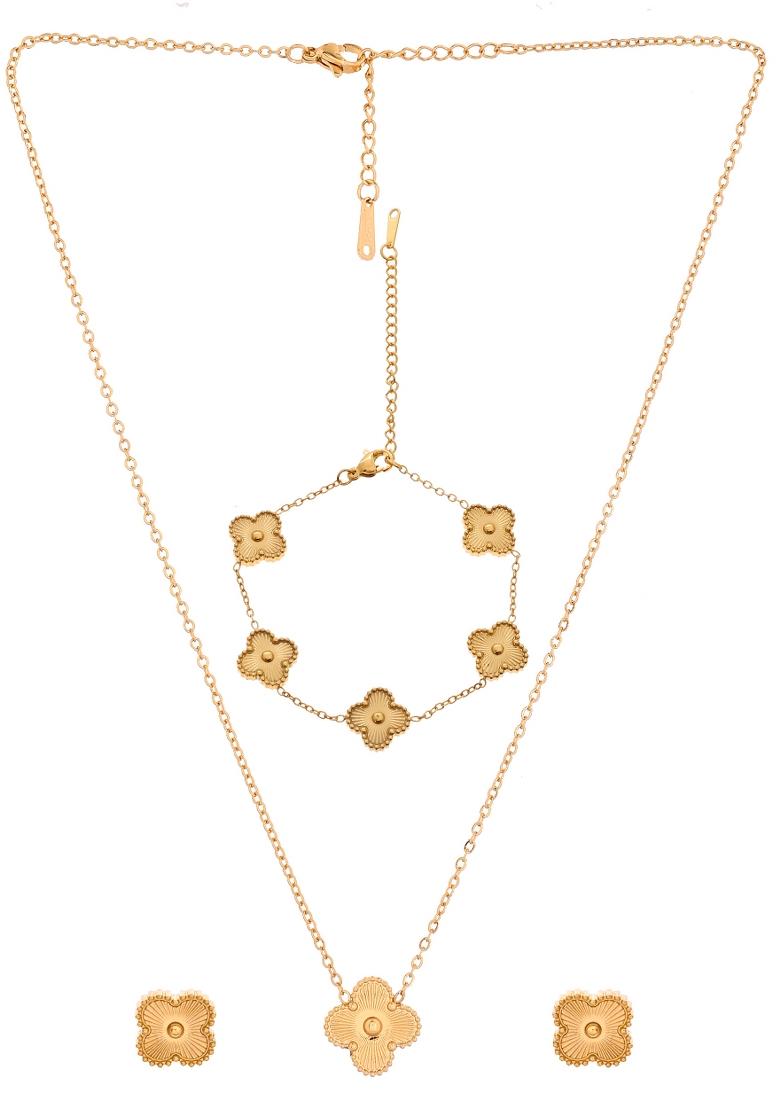 Gold Plated Floral Design Chain With Earrings And Bracelet Set  - Indya