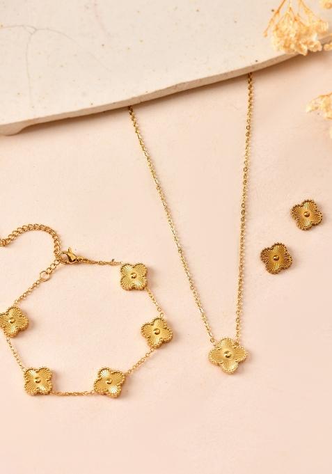 Gold Plated Floral Design Chain With Earrings And Bracelet Set 