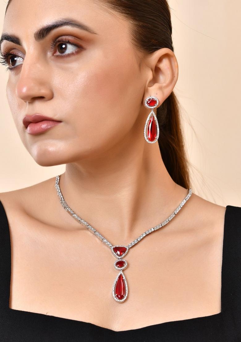 Silver-Plated Ad & Ruby Red Cubic Zirconia Studded Jewellery Set - Indya