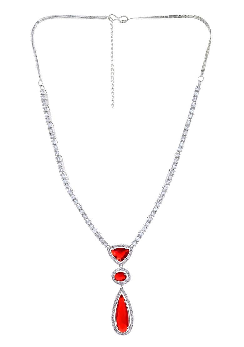 Silver-Plated Ad & Ruby Red Cubic Zirconia Studded Jewellery Set - Indya