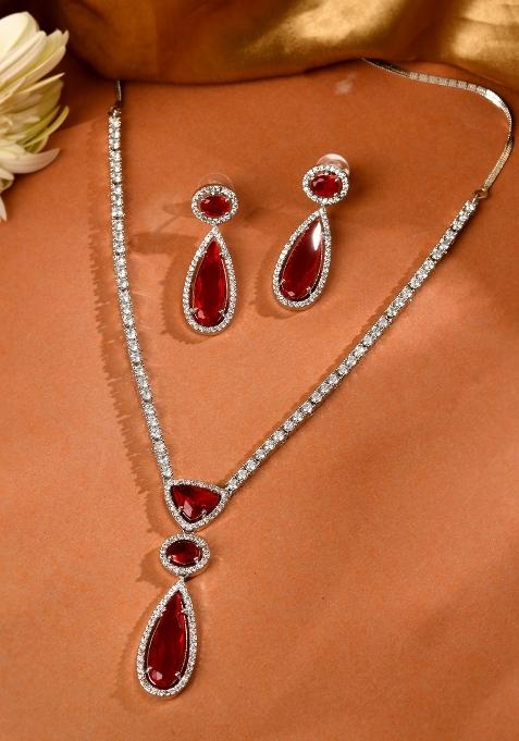 Silver-Plated Ad & Ruby Red Cubic Zirconia Studded Jewellery Set