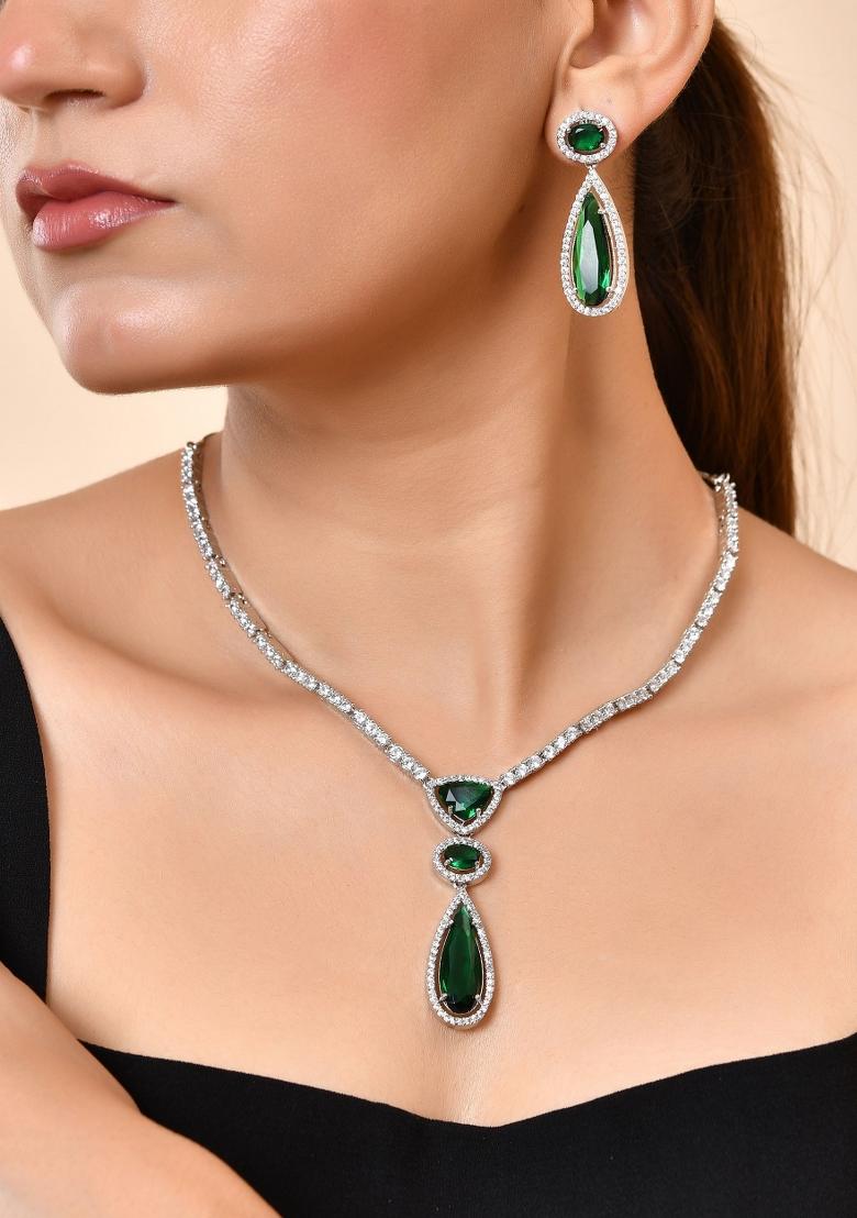 Silver-Plated Ad & Green Cubic Zirconia Studded Jewellery Set - Indya