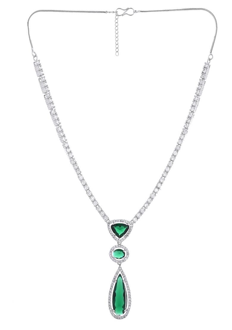 Silver-Plated Ad & Green Cubic Zirconia Studded Jewellery Set - Indya