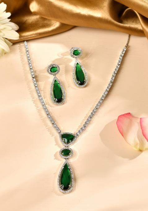 Silver-Plated Ad & Green Cubic Zirconia Studded Jewellery Set