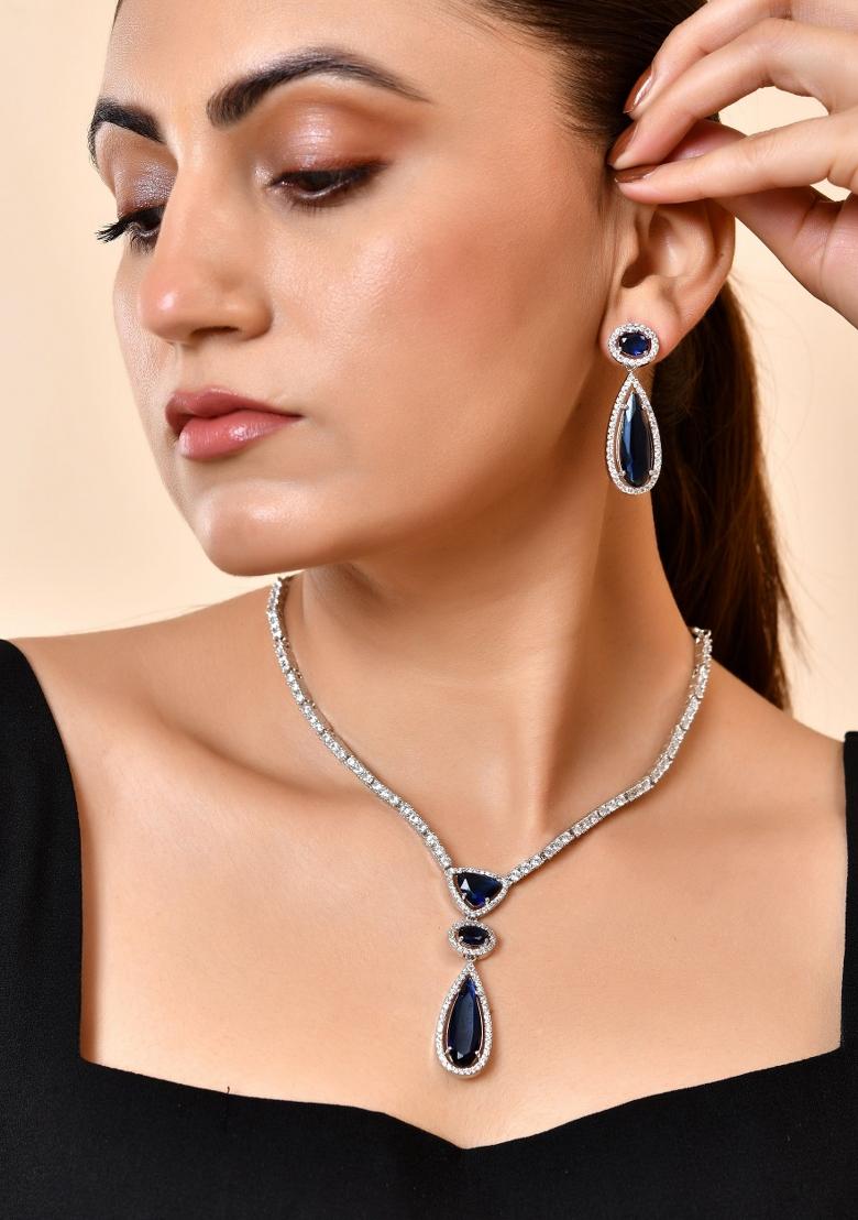 Silver-Plated Ad & Blue Cubic Zirconia Studded Jewellery Set - Indya