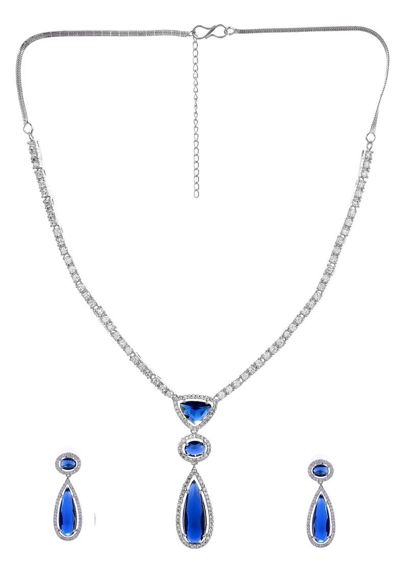 Silver-Plated Ad & Blue Cubic Zirconia Studded Jewellery Set - Indya