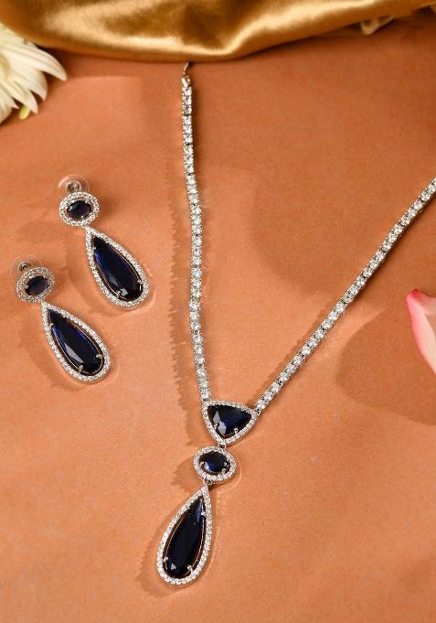 Silver-Plated Ad & Blue Cubic Zirconia Studded Jewellery Set