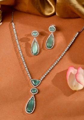 Silver-Plated Ad & Teal Green Cubic Zirconia Studded Jewellery Set