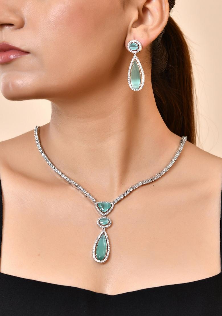 Silver-Plated Ad & Teal Green Cubic Zirconia Studded Jewellery Set - Indya