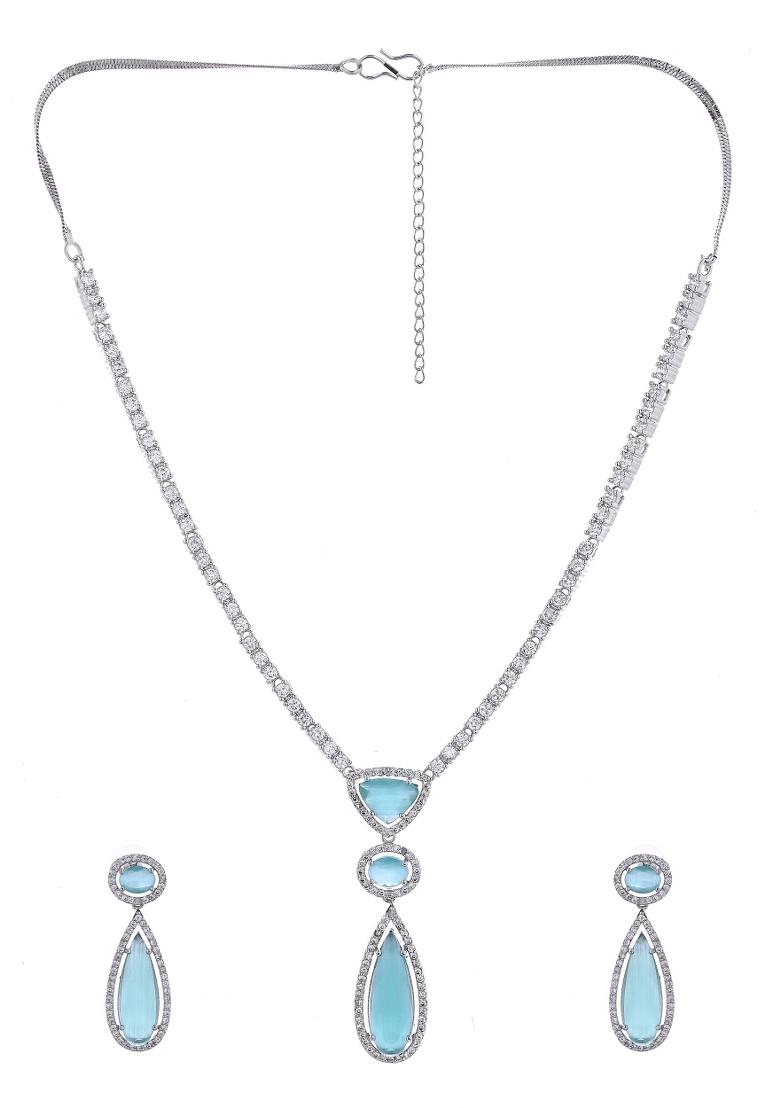 Silver-Plated Ad & Teal Green Cubic Zirconia Studded Jewellery Set - Indya