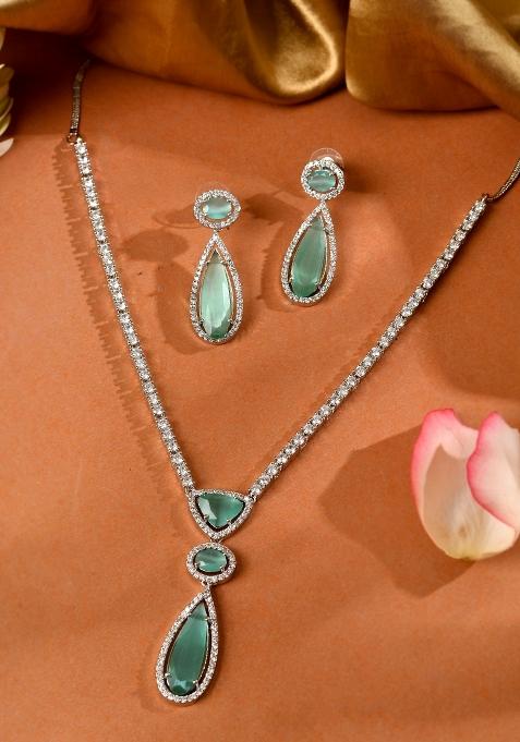 Silver-Plated Ad & Teal Green Cubic Zirconia Studded Jewellery Set