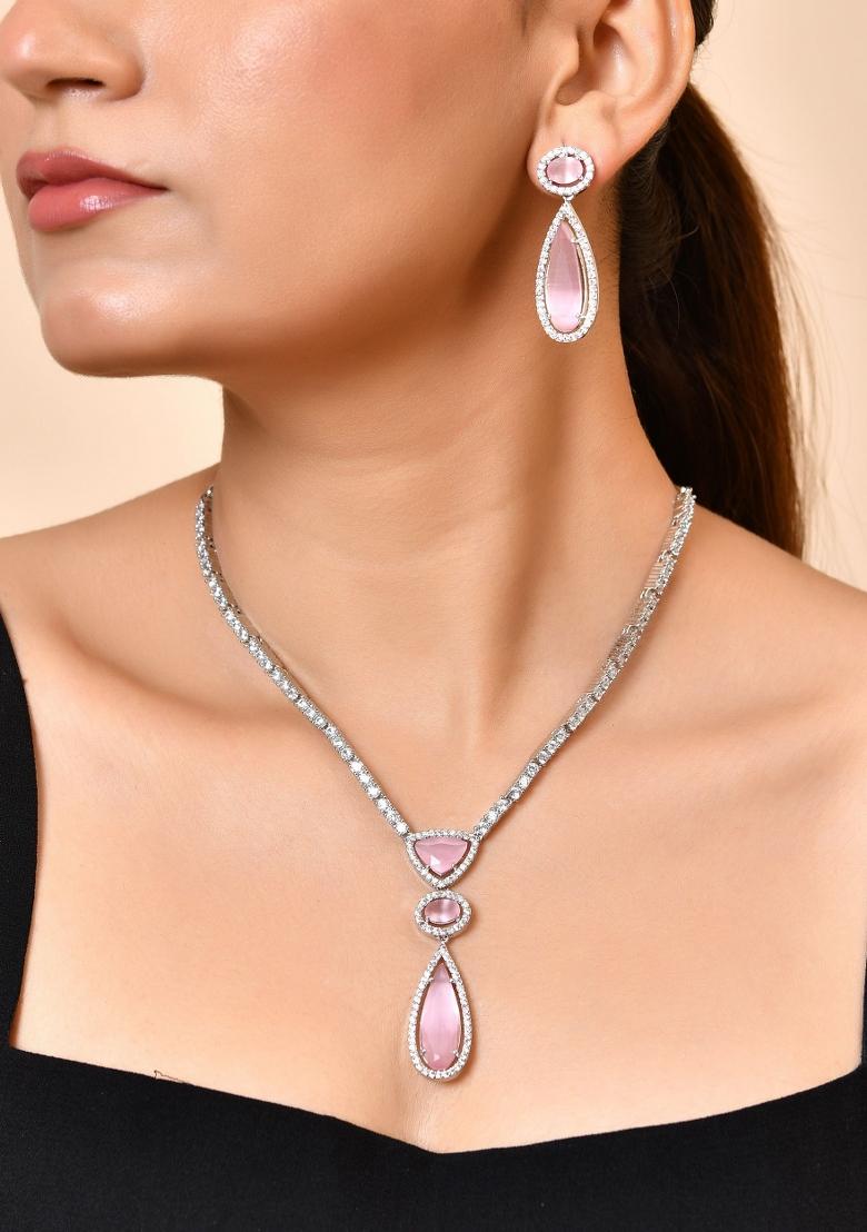 Silver-Plated Ad & Baby Pink Cubic Zirconia Studded Jewellery Set - Indya