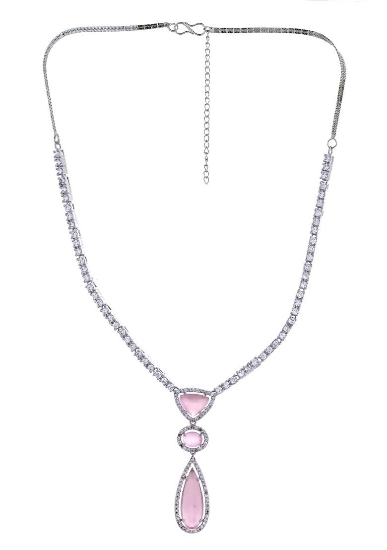 Silver-Plated Ad & Baby Pink Cubic Zirconia Studded Jewellery Set - Indya