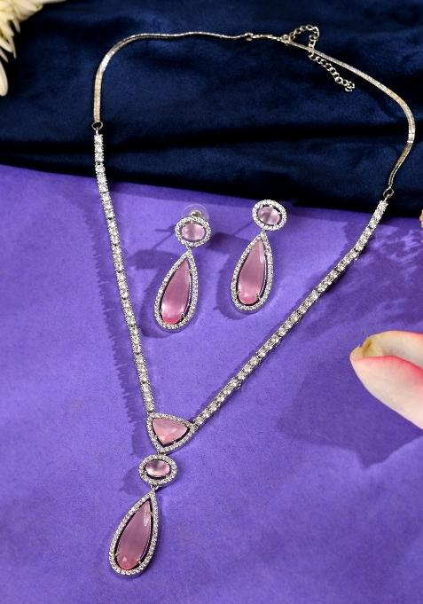 Silver-Plated Ad & Baby Pink Cubic Zirconia Studded Jewellery Set