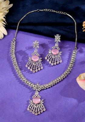 Silver Toned Cz Stone Studded Baby Pink Jewellery Set