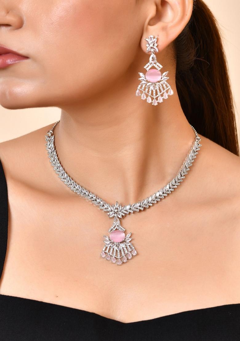 Silver Toned Cz Stone Studded Baby Pink Jewellery Set - Indya