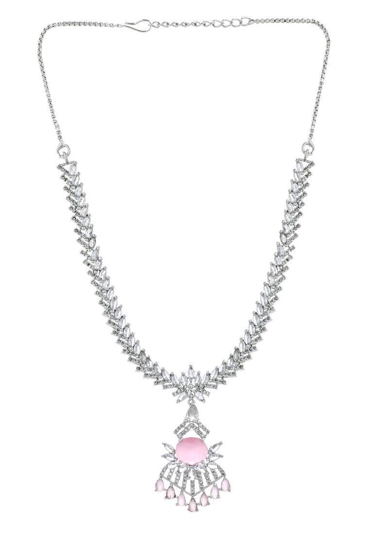 Silver Toned Cz Stone Studded Baby Pink Jewellery Set - Indya