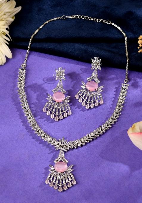 Silver Toned Cz Stone Studded Baby Pink Jewellery Set