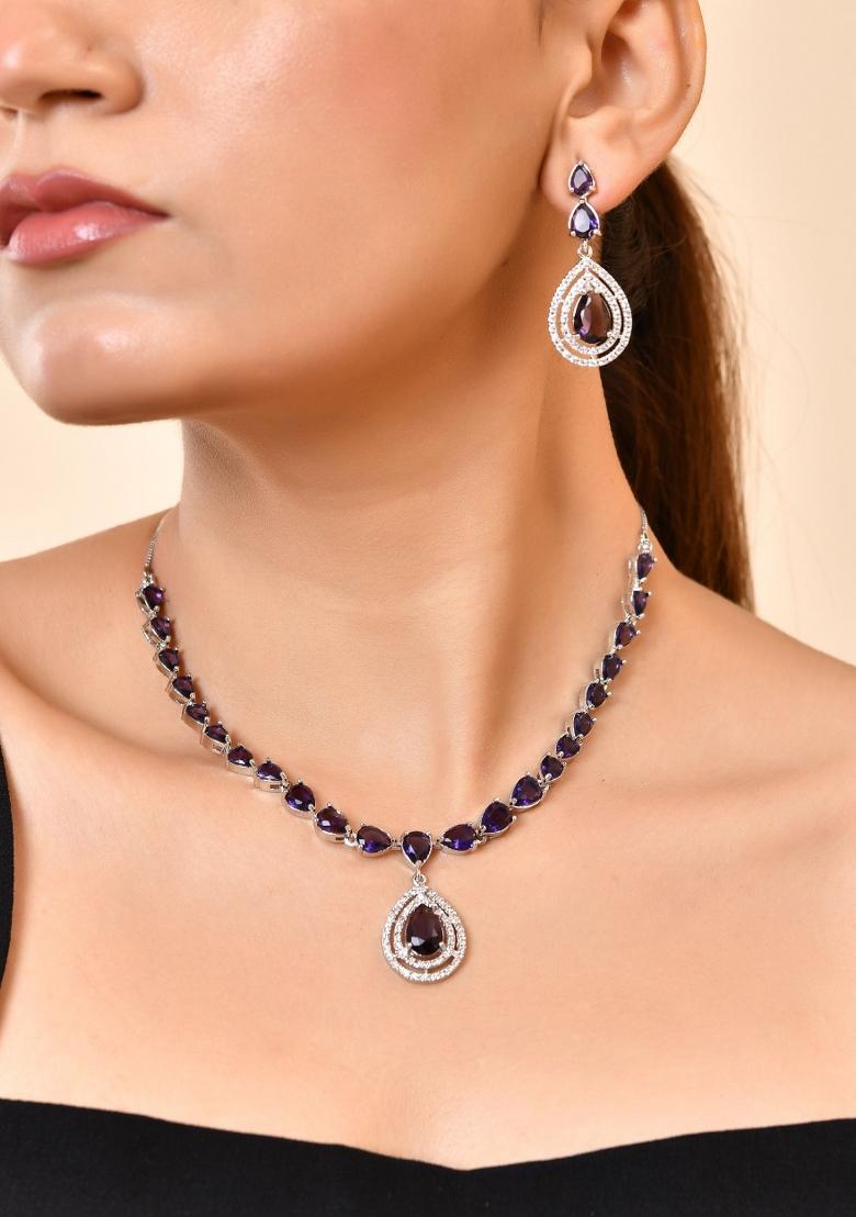 Silver Toned Purple Tear Drop Shaped Stone Ad Necklace Set - Indya