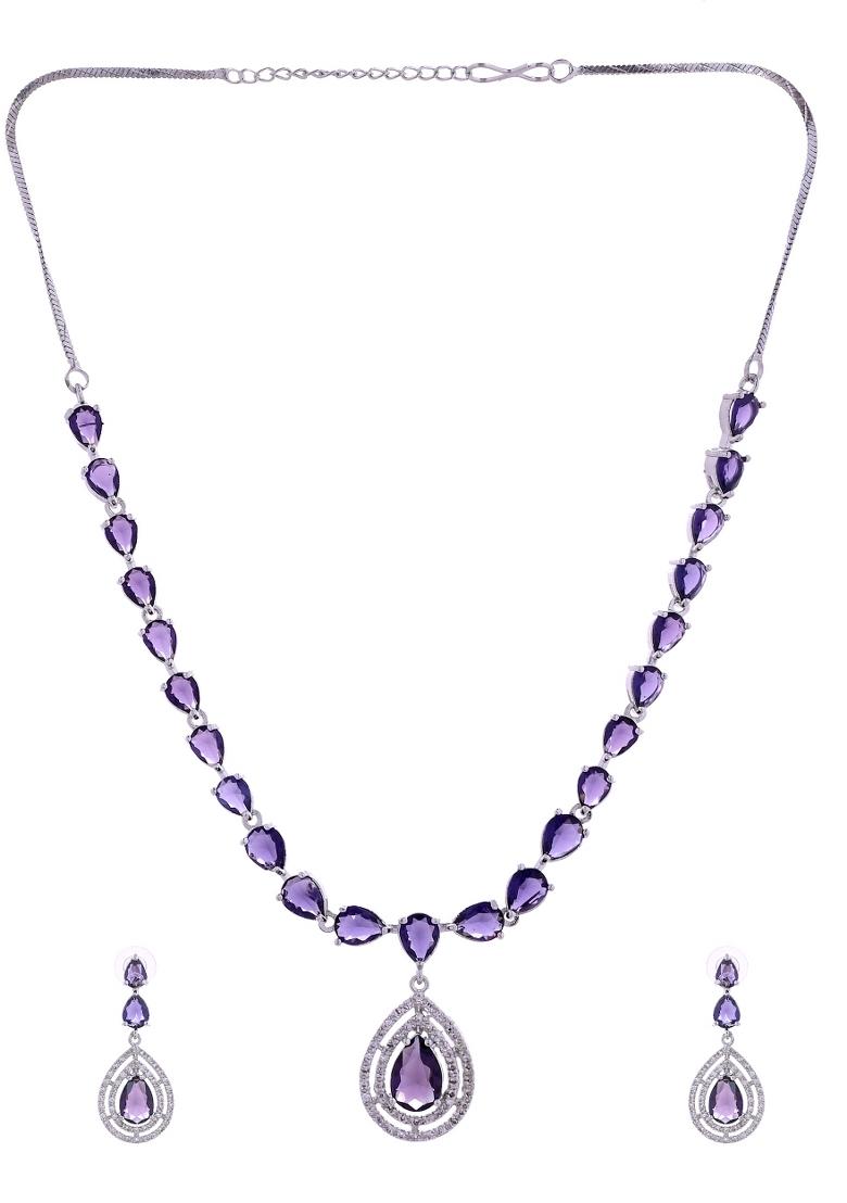 Silver Toned Purple Tear Drop Shaped Stone Ad Necklace Set - Indya
