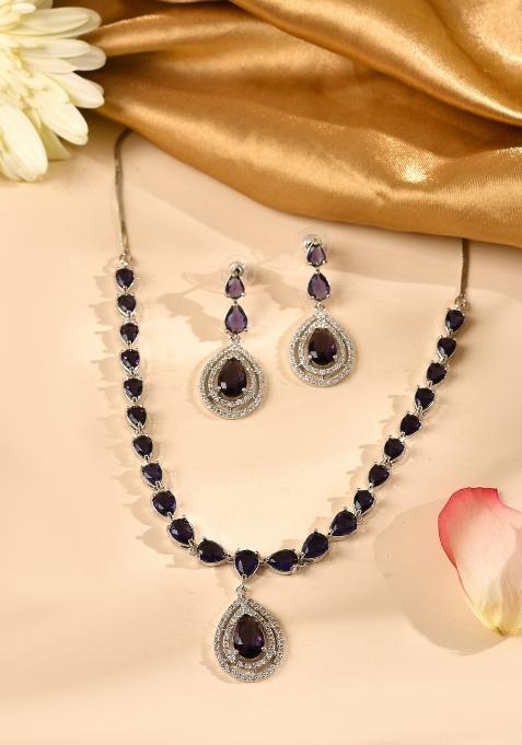 Silver Toned Purple Tear Drop Shaped Stone Ad Necklace Set