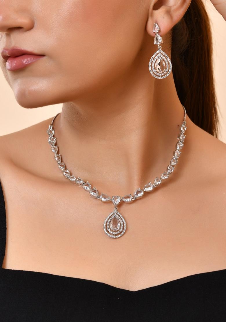 Silver Toned Tear Drop Shaped Stone Ad Necklace Set - Indya