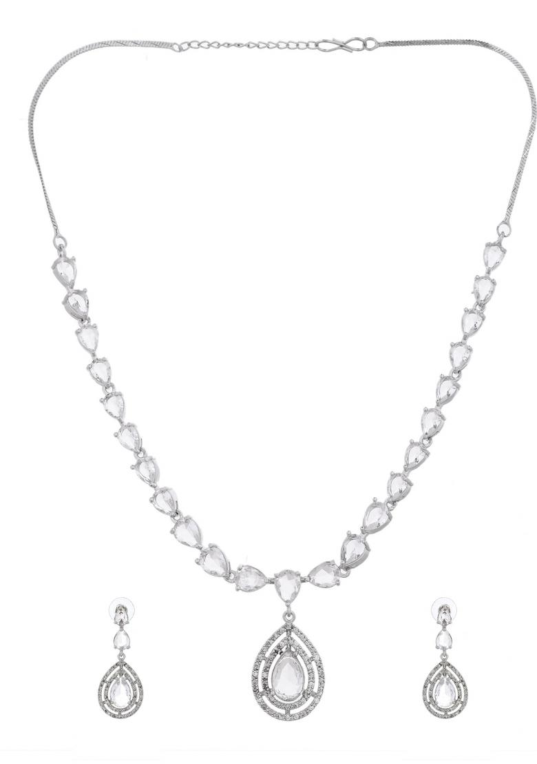 Silver Toned Tear Drop Shaped Stone Ad Necklace Set - Indya