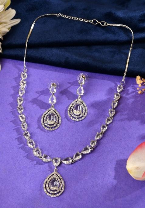 Silver Toned Tear Drop Shaped Stone Ad Necklace Set